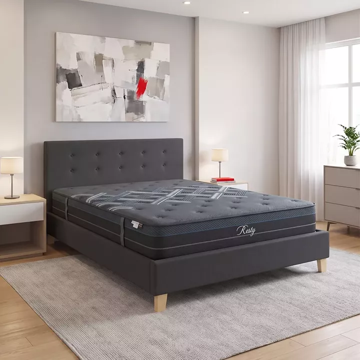 Bed with mattress Mago-Resty pakoworld anthracite fabric - wooden leg in natural shade 160x200cm
