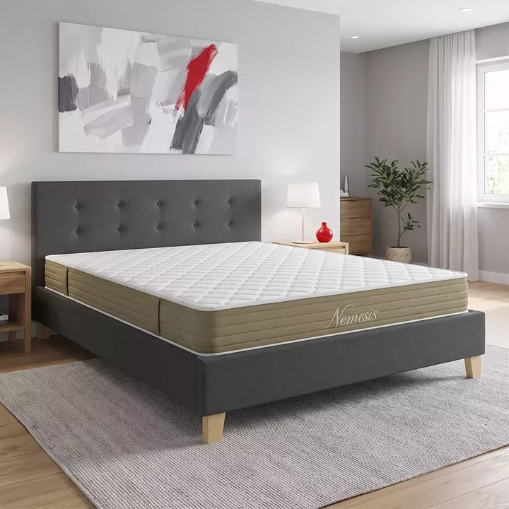 Bed with mattress Mago-Nemesis pakoworld anthracite fabric - wooden leg in natural shade 160x200cm