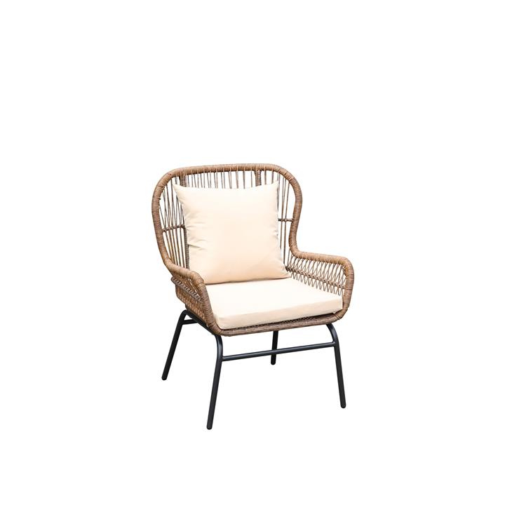 SALSA MAX Πολυθρόνα Μέταλλο Βαφή Μαύρο, Wicker Φυσικό, Μαξιλάρι Μπεζ
