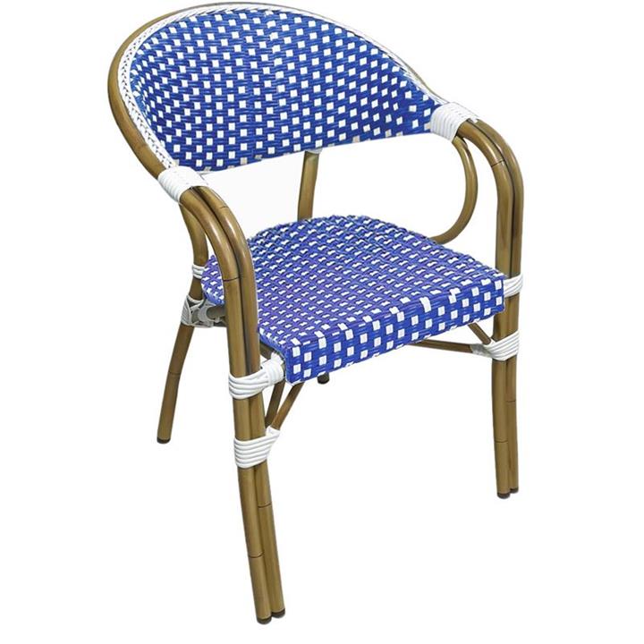 PARIS Πολυθρόνα Bistro Αλουμίνιο Φυσικό, Wicker Άσπρο - Μπλε, Στοιβαζόμενη