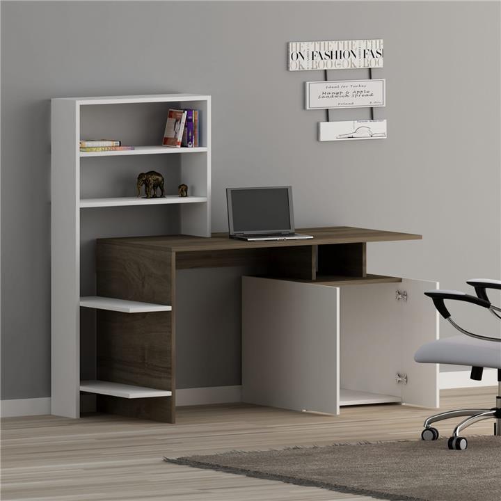 DESK WITH BOOKCASE ROCHELL MELAMINE WALNUT AND WHITE COLOR 146,3x55x128,8Hcm.HM8886.11