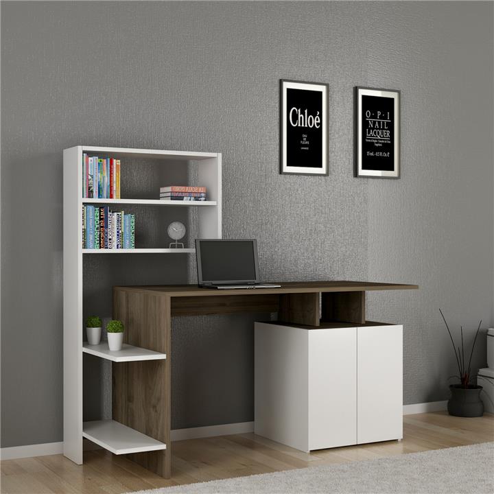 DESK WITH BOOKCASE ROCHELL MELAMINE WALNUT AND WHITE COLOR 146,3x55x128,8Hcm.HM8886.11