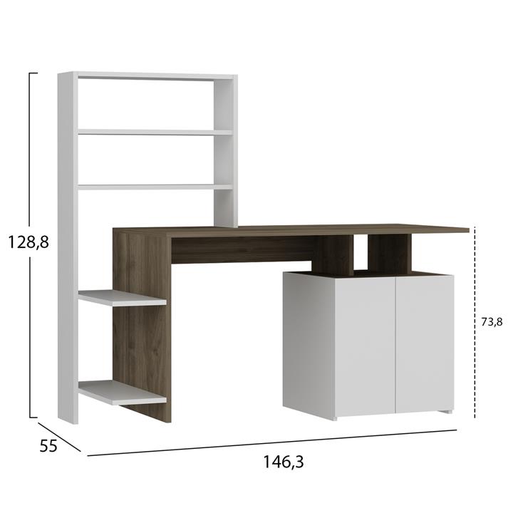 DESK WITH BOOKCASE ROCHELL MELAMINE WALNUT AND WHITE COLOR 146,3x55x128,8Hcm.HM8886.11