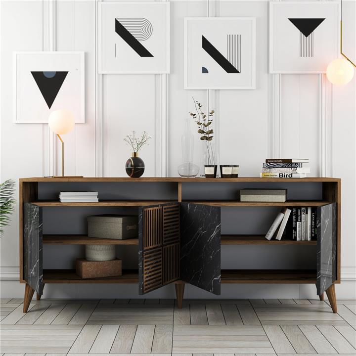BUFFET MELAMINE HM9431.05 IN WALNUT WITH BLACK MARBLE-LOOK DOORS 180x35x78.6Hcm.