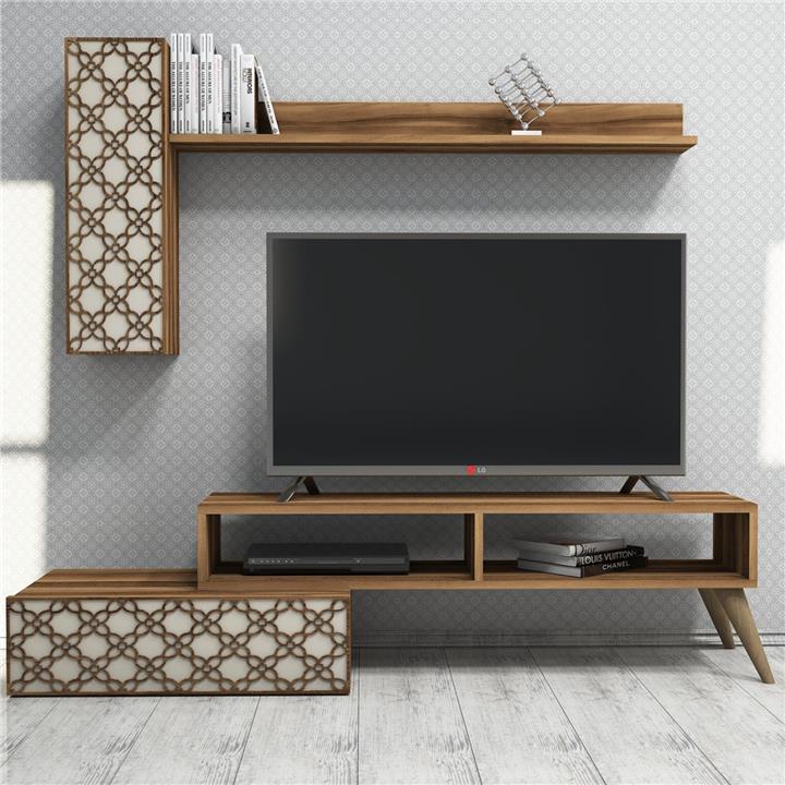 TV FURNITURE SET HM9518.02 MELAMINE IN WALNUT AND CREAM 150x37.2x37.8Hcm.