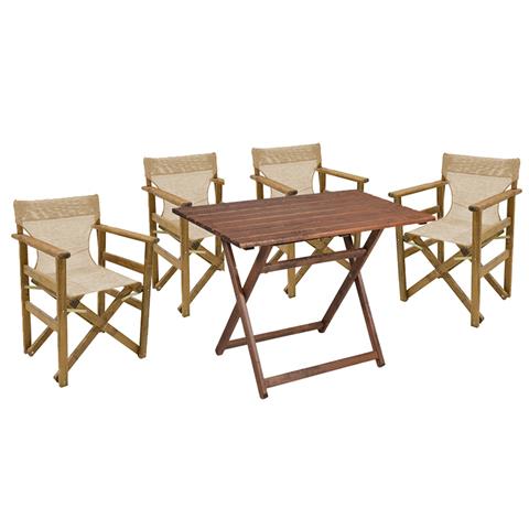 Garden dining table Retto set of 5 pieces solid beech wood walnut-PVC beige-ecru 80x60x72cm