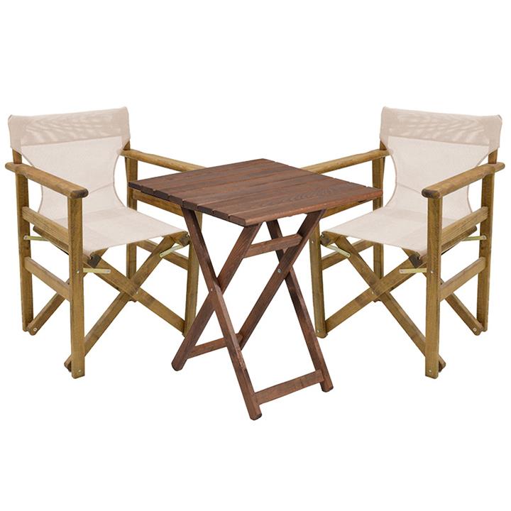 Garden dining table Retto set of 3 pieces solid beech wood walnut-PVC beige white 60x60x71cm