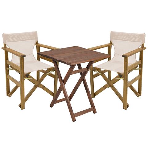 Garden dining table Retto set of 3 pieces solid beech wood walnut-PVC beige white 60x60x71cm