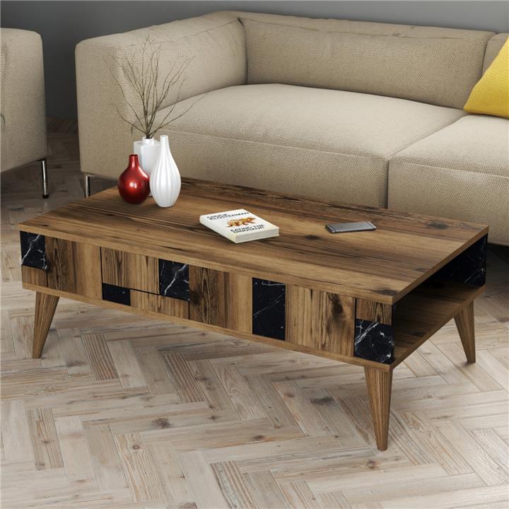 COFFEE TABLE HM9504.02 MELAMINE IN WALNUT-BLACK MARBLE LOOK 105x60x37.6Hcm.