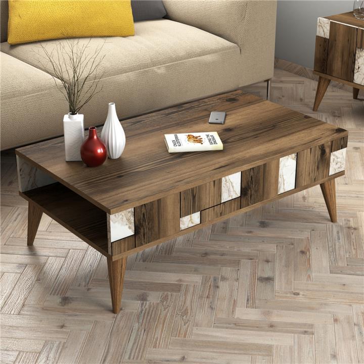 COFFEE TABLE HM9504.03 MELAMINE IN WALNUT-WHITE MARBLE LOOK 105x60x37.6Hcm.
