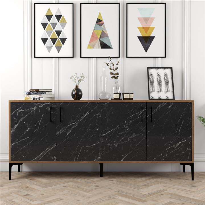 BUFFET HM9428.03 MELAMINE WALNUT WITH BLACK MARBLE-LOOK DOORS 180x35x78Hcm.