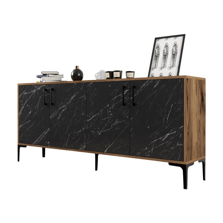 BUFFET HM9428.03 MELAMINE WALNUT WITH BLACK MARBLE-LOOK DOORS 180x35x78Hcm.