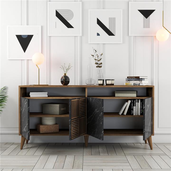 BUFFET MELAMINE HM9506.02 WALNUT WITH BLACK MARBLE-LOOK DOORS 160x35x78Hcm.