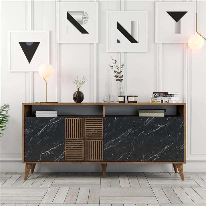 BUFFET MELAMINE HM9506.02 WALNUT WITH BLACK MARBLE-LOOK DOORS 160x35x78Hcm.