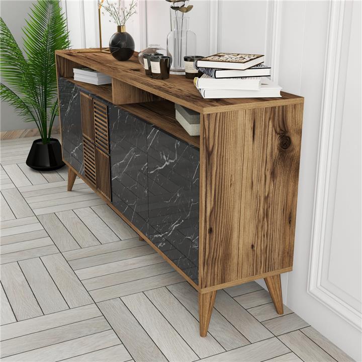 BUFFET MELAMINE HM9506.02 WALNUT WITH BLACK MARBLE-LOOK DOORS 160x35x78Hcm.
