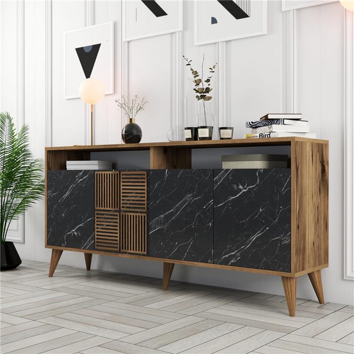 BUFFET MELAMINE HM9506.02 WALNUT WITH BLACK MARBLE-LOOK DOORS 160x35x78Hcm.