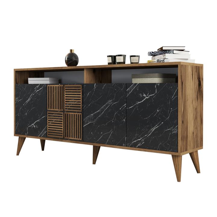 BUFFET MELAMINE HM9506.02 WALNUT WITH BLACK MARBLE-LOOK DOORS 160x35x78Hcm.
