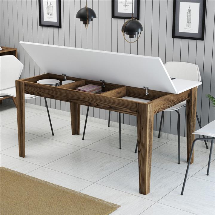DINING TABLE HM9507.02 MELAMINE WALNUT-WHITE WITH STORAGE SPACE 145x88x75Hcm.