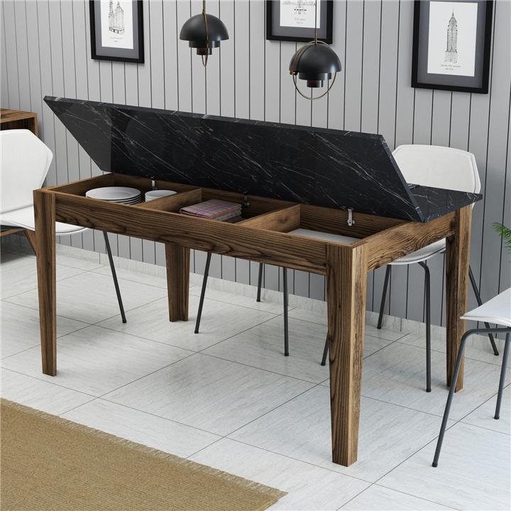 DINING TABLE HM9507.05 MELAMINE WALNUT-BLACK MARBLE-LOOK WITH STORAGE SPACE 145x88x75Hcm.