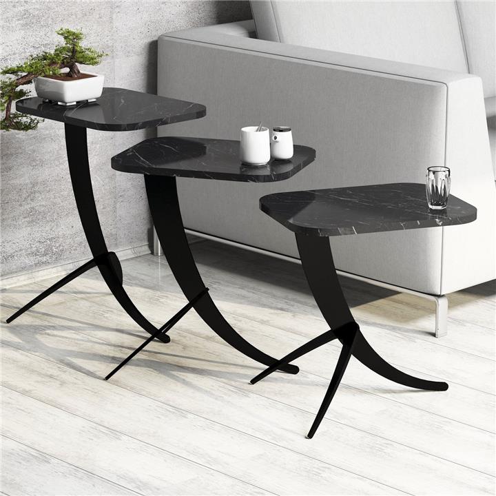 SIDE TABLES 3PCS HM9508.02 MELAMINE BLACK MARBLE LOOK-BLACK METAL LEGS 35x45x60Hcm.