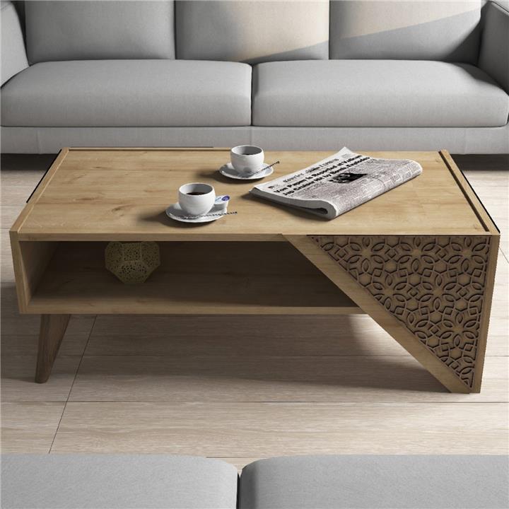 COFFEE TABLE MELAMINE HM9498.01 IN NATURAL OAK-CNC RELIEF CORNERS 105x58x40Hcm.