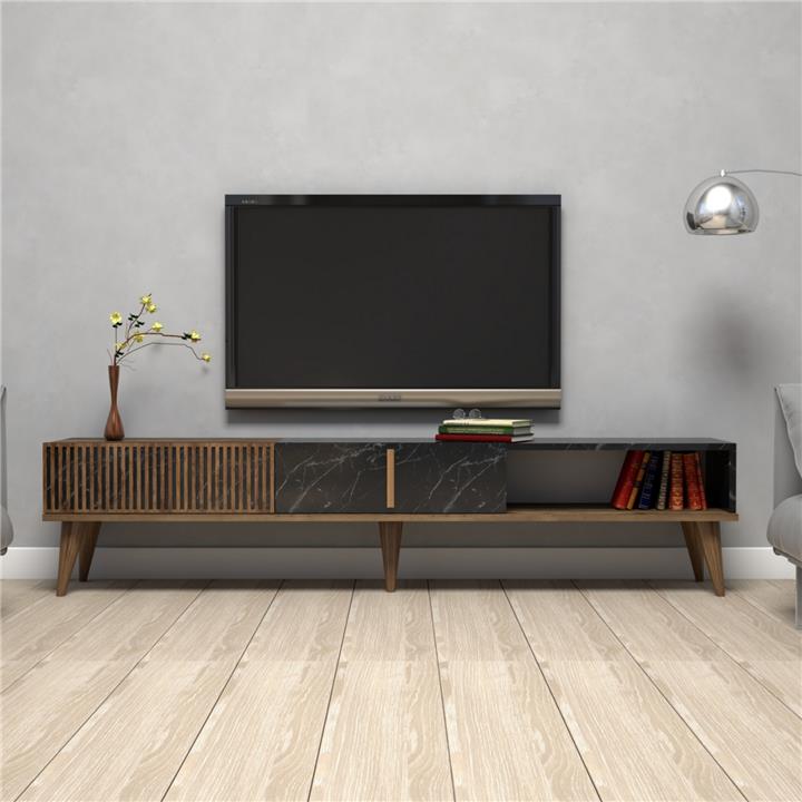 TV STAND HM9512.02 MELAMINE WALNUT AND BLACK MARBLE-LOOK 180x35x40Hcm.
