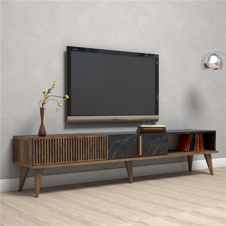 TV STAND HM9512.02 MELAMINE WALNUT AND BLACK MARBLE-LOOK 180x35x40Hcm.