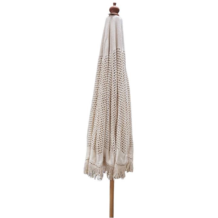 ΟΜΠΡΕΛΑ Ξύλινη - Οξιά Φ200cm, Πλεκτό Μακραμέ Μπεζ