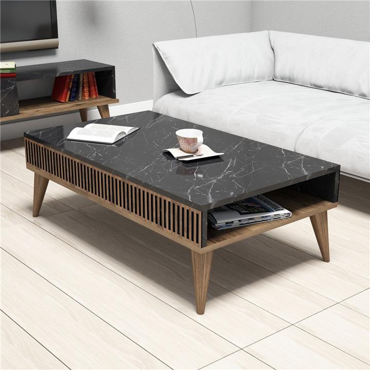 LIVING ROOM COMPOSITION HM11845.02 3PCS WALNUT-BLACK MARBLE LOOK