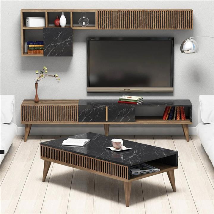LIVING ROOM COMPOSITION HM11847.02 2PCS IN WALNUT-BLACK MARBLE LOOK