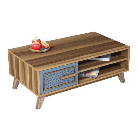 COFFEE TABLE MELAMINE IN WALNUT COLOR WITH BLUE CABINET DOOR HM9497.02 105x60x38,2Hcm.