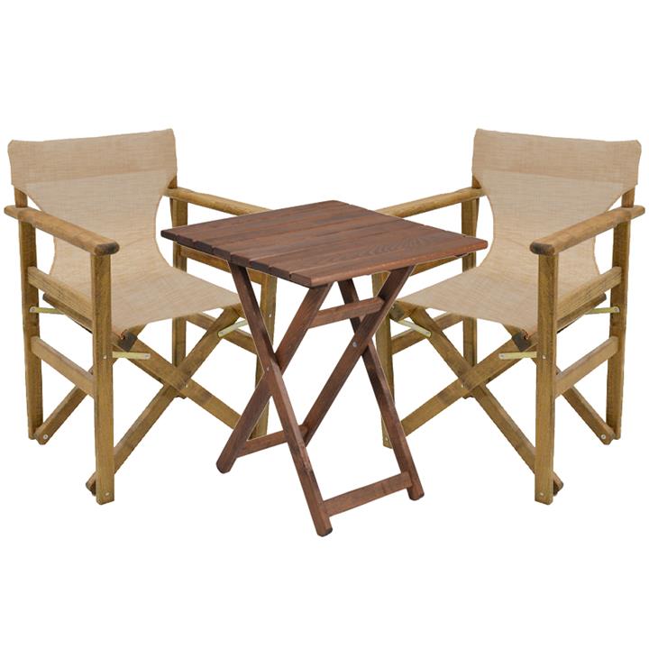 Garden dining table set of 3 pieces Retto solid beech wood walnut-beige-ecru cloth 60x60x71cm