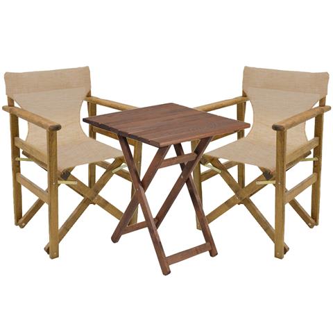 Garden dining table set of 3 pieces Retto solid beech wood walnut-beige-ecru cloth 60x60x71cm