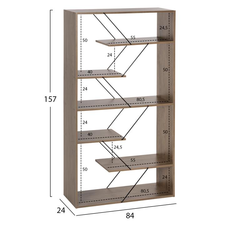 BOOKCASE TARS HM2240.13 OLIVE GREY MELAMINE-BLACK METAL RODS 84x24x157Hcm.