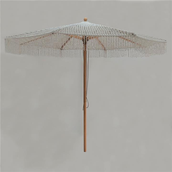 ΟΜΠΡΕΛΑ Ξύλινη - Οξιά Φ250cm, Πλεκτό Μακραμέ Μπεζ