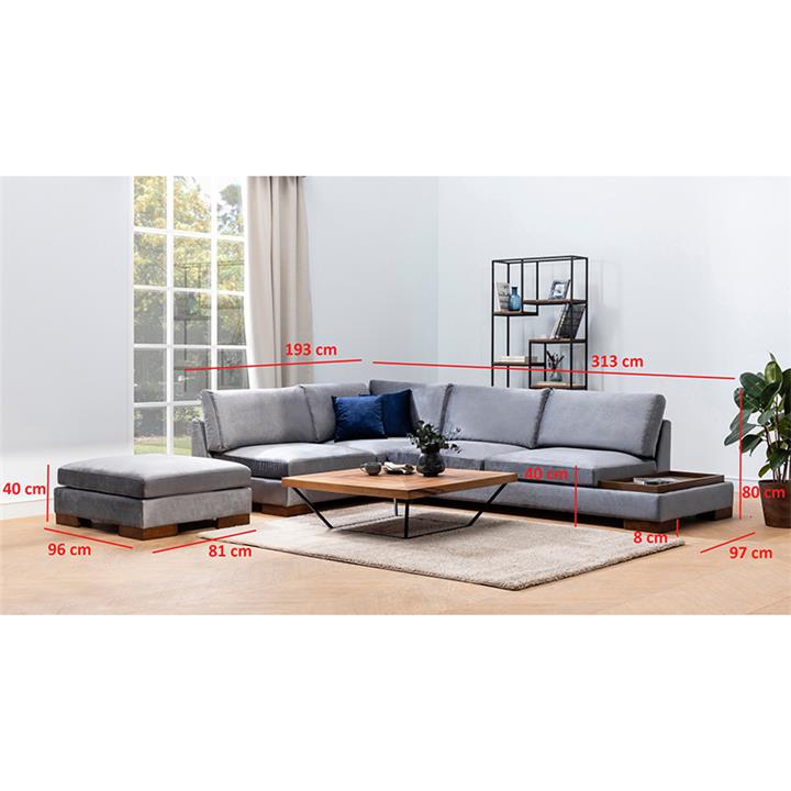 Corner sofa PWF-0506 pakoworld right corner with pouf grey-walnut fabric 313x193x80cm