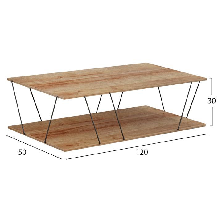 COFFEE TABLE TARS HM8927.11 NATURAL OAK MELAMINE-BLACK METAL RODS 120Χ50Χ30Hcm.