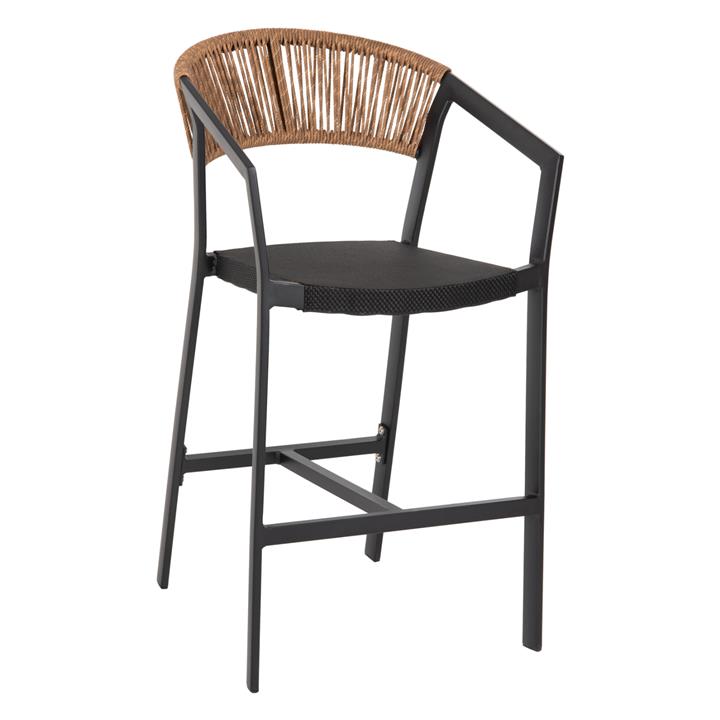 BAR STOOL ALUMINUM BLACK HM5892.15 MED.HEIGHT BLACK TEXTLINE&BEIGE RATTAN 56,5x57x99,5Hcm.