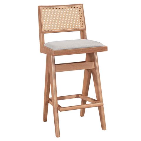 Pakoworld bar Winslow stool wood rubberwood light walnut-pvc natural rattan-grey fabric