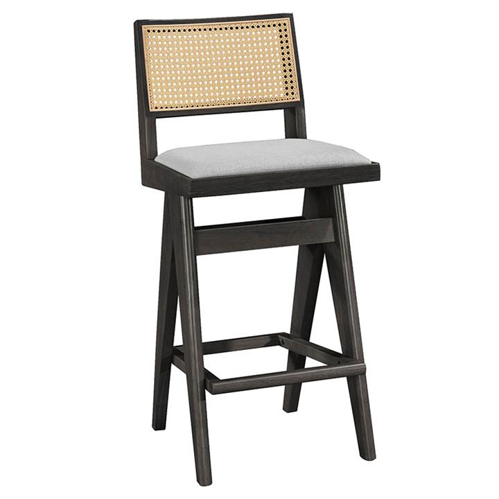 Bar stool with arms Winslow pakoworld wood rubberwood black-pvc rattan natural-fabric gray