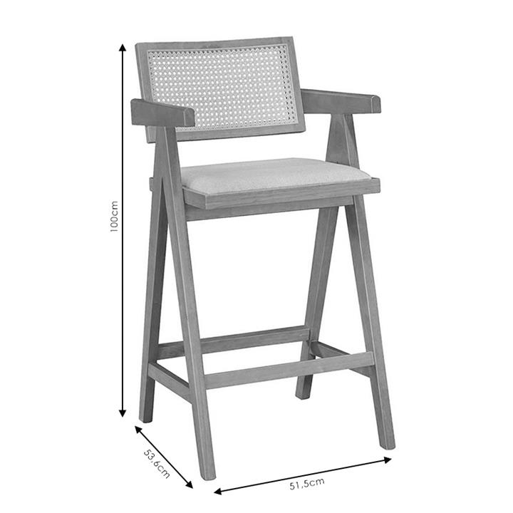 Bar stool with arms Winslow pakoworld wood rubberwood black-pvc rattan natural-fabric gray
