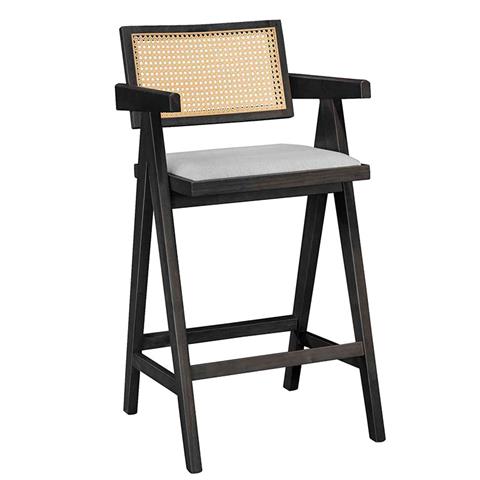 Bar stool with arms Winslow pakoworld wood rubberwood black-pvc rattan natural-fabric gray