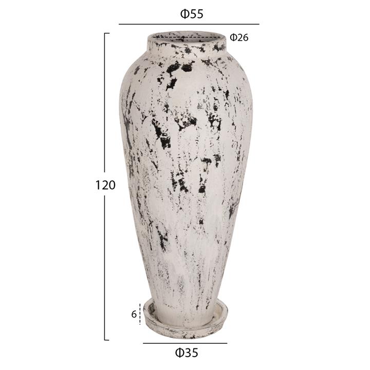 DECORATIVE FLOOR VASE WITH SAUCER-BASE HM7927 TERRACOTTA IN WHITE PATINA Φ55x120Hcm.