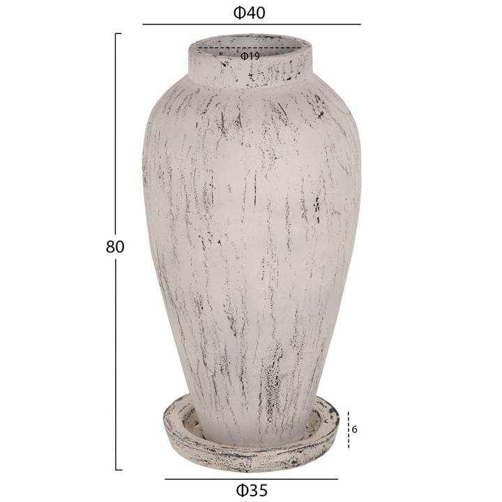 DECORATIVE FLOOR VASE WITH SAUCER-BASE HM7938 TERRACOTTA IN WHITE PATINA Φ40x80Hcm.