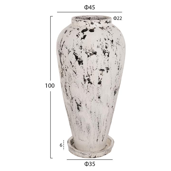 DECORATIVE FLOOR VASE WITH SAUCER-BASE HM7937 TERRACOTTA IN WHITE PATINA Φ45x100Hcm.