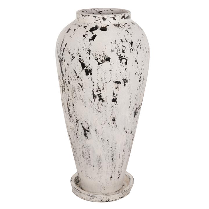 DECORATIVE FLOOR VASE WITH SAUCER-BASE HM7937 TERRACOTTA IN WHITE PATINA Φ45x100Hcm.