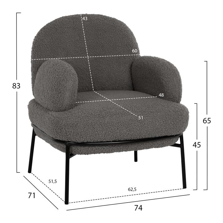 ARMCHAIR AGNES HM9525.21 GREY BOUCLE FABRIC-BLACK METAL LEGS 74x71x83Hcm.