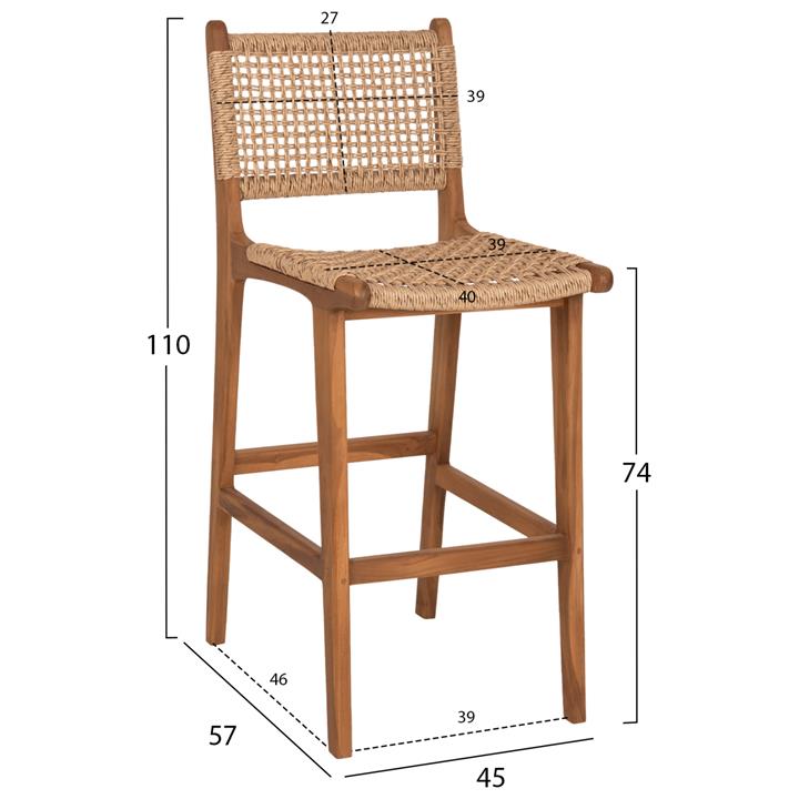 BAR STOOL WITH BACKREST TELLY HM9788 TEAK WOOD IN NATURAL-BEIGE ROPE 45x57x110Hcm.