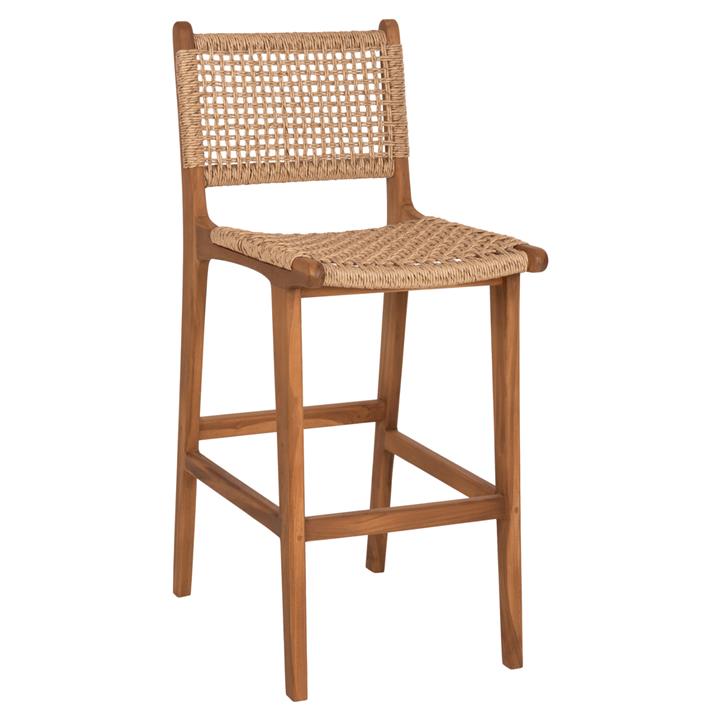 BAR STOOL WITH BACKREST TELLY HM9788 TEAK WOOD IN NATURAL-BEIGE ROPE 45x57x110Hcm.
