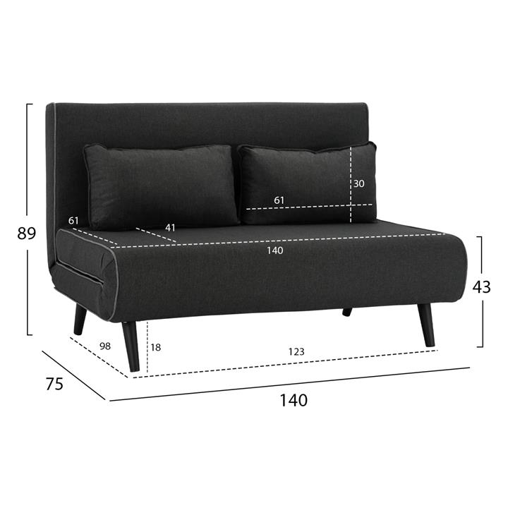 Sofa Bed 2 seater with dark grey fabric HM3077.03 140x75x89cm